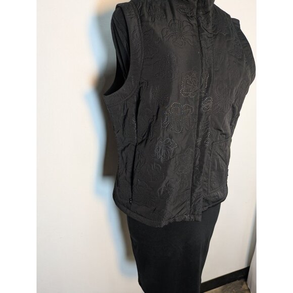 LizGolf Quilted Black Floral Embroidered Vest With Zip Pockets & Collar, Size L - Picture 3 of 9